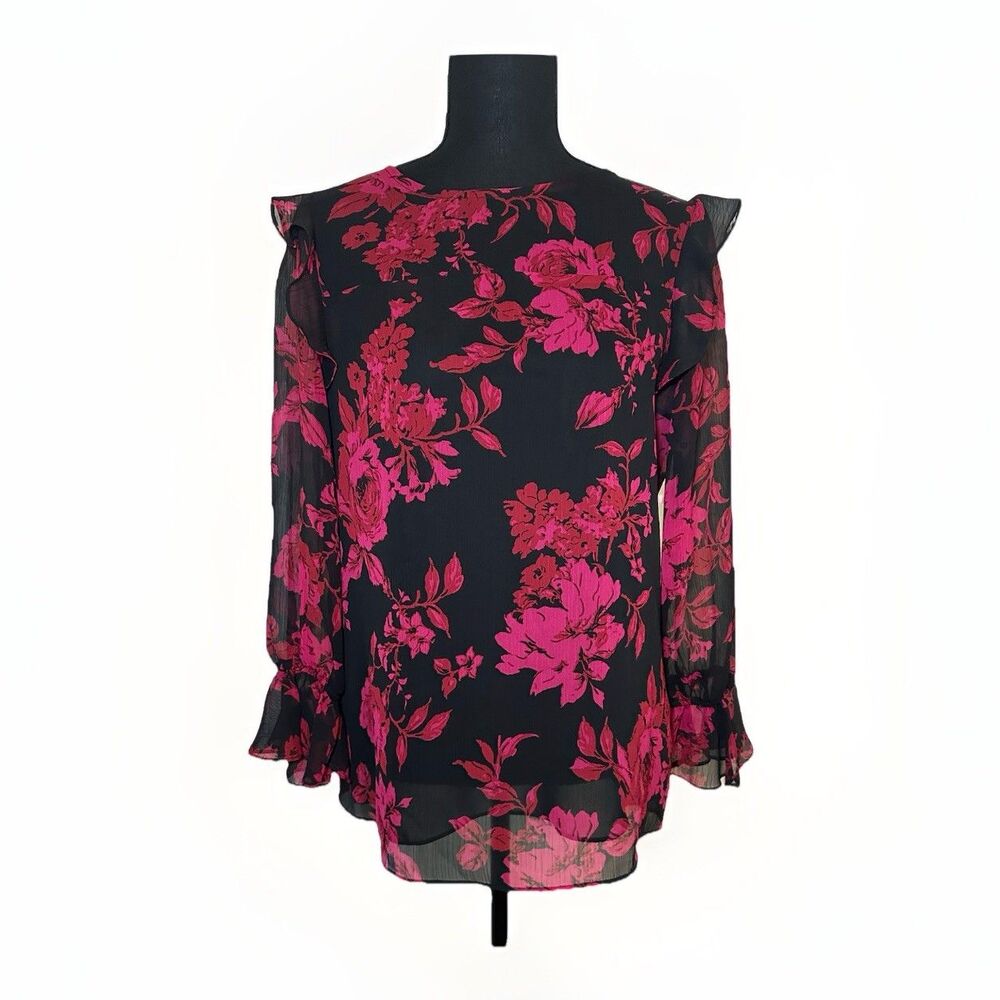 Roz & Ali Red Black Floral Whimsigoth Sheer Ruffles Long Sleeve Top Women SMALL